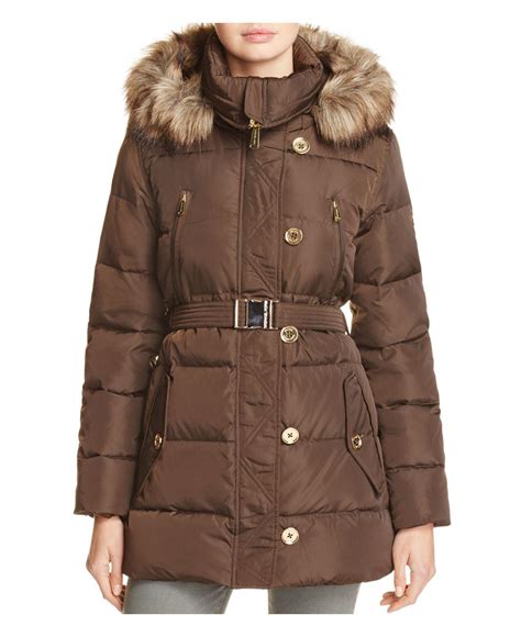 women's faux-fur-trim hooded puffer coat michael kors|michael kors faux fur coat.